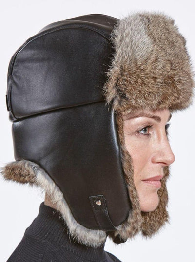 Owen Women's Brown Rabbit Trapper Hat with Leather - The Fur Store