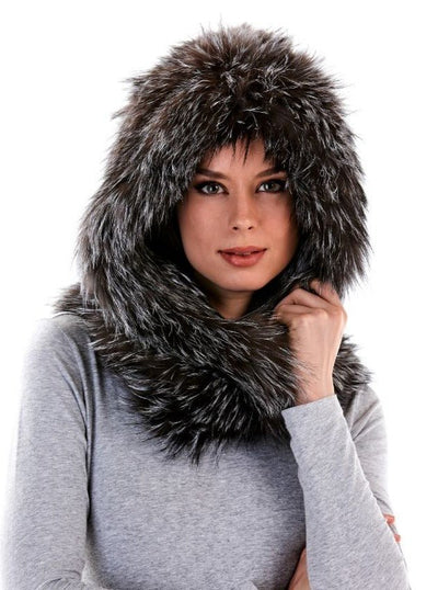 Everly Silver Fox Knitted Fur Hood and Scarf - The Fur Store