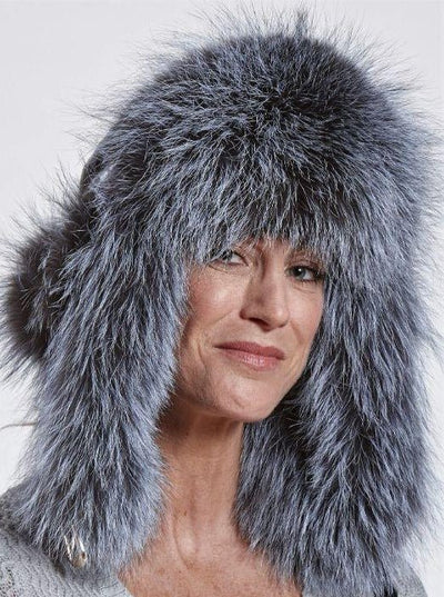 Faye Woman's Silver Fox Trapper Hat with Leather - The Fur Store
