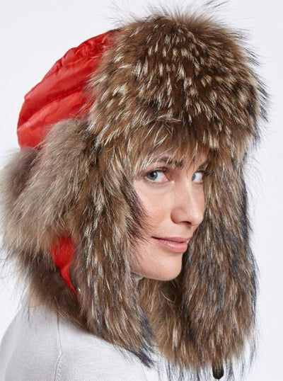Faye Red Puffer Down Woman's Raccoon Trapper Hat - The Fur Store