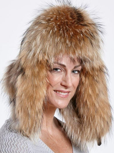 Faye Teal Puffer Down Woman's Raccoon Trapper Hat - The Fur Store