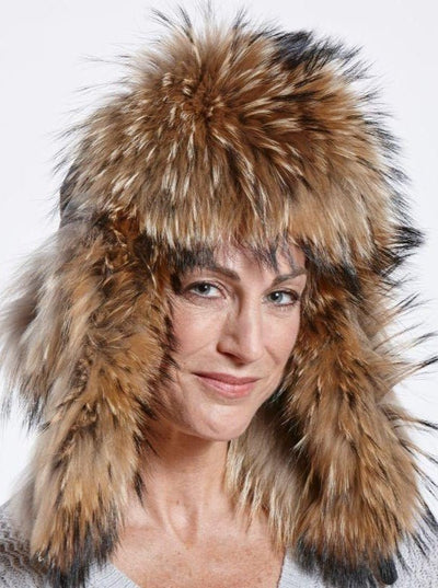 Faye Black Puffer Down Woman's Raccoon Trapper Hat - The Fur Store