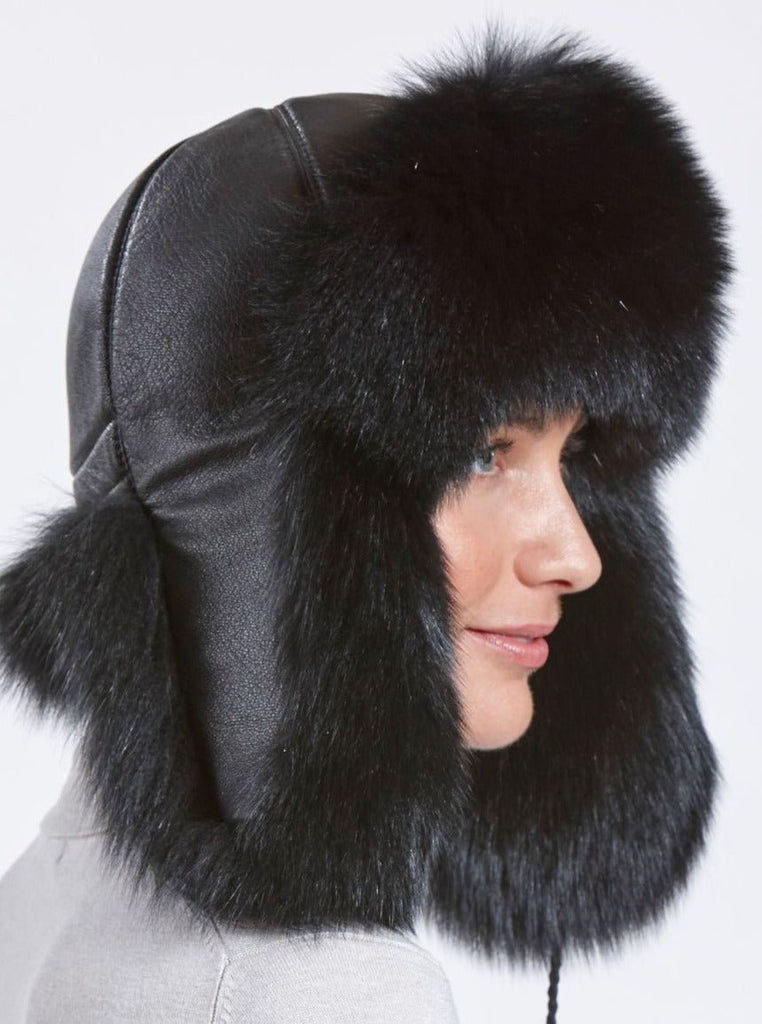 Canvas Bomber Hat with Grey Rabbit Fur