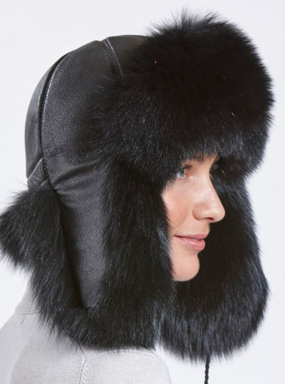 Susan Women's Black Fox with Leather Trapper Hat - The Fur Store
