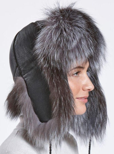 Wendy Women's Silver Fox with Leather Trapper Hat - The Fur Store
