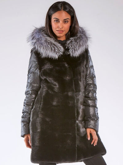 Clara Black Mink Jacket Silver Fox Hood - The Fur Store