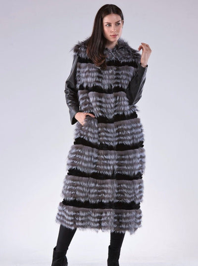 Delila Silver Fox Coat with Hood - The Fur Store