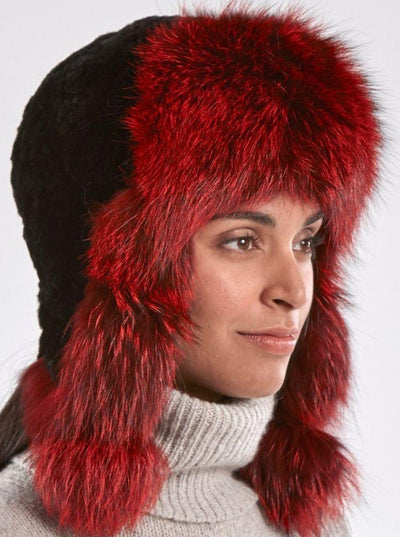 Kennedy Black Knitted Rex Rabbit Red Fox Trim Hat - The Fur Store