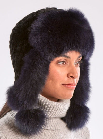 Kennedy Black Knitted Rex Rabbit Purple Fox Trim Hat - The Fur Store