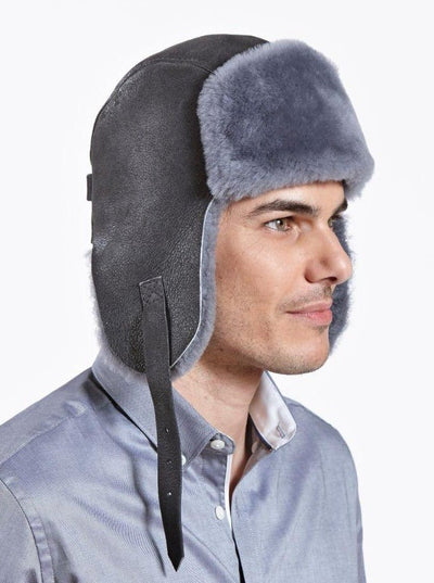 Casey Blue Grey Shearling Pilot Hat - The Fur Store