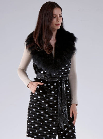 Ciara Black Mink Vest with Fox Collar - The Fur Store