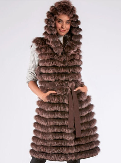 Esther Brown Fox Vest with Hood - The Fur Store