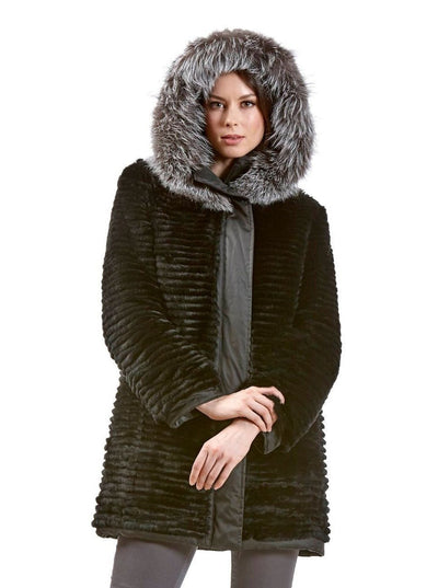 Tia Black Reversible Rex Rabbit Jacket with Fox Hood - The Fur Store