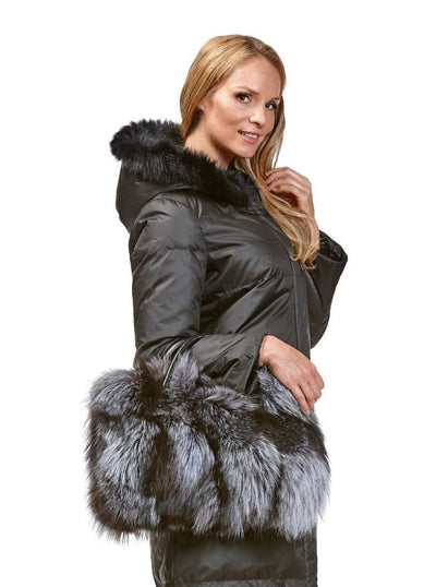 Ada Black Reversible Rex Rabbit Coat with Fox Hood - The Fur Store