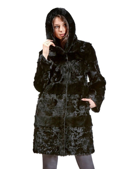Sonia Black Reversible Lamb Jacket with Rex Rabbit Hood - The Fur Store