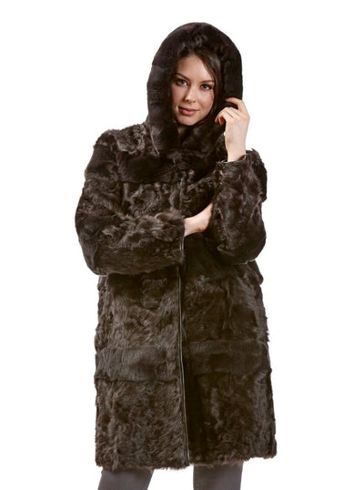 Sonia Brown Reversible Lamb Jacket with Rex Rabbit Hood - The Fur Store