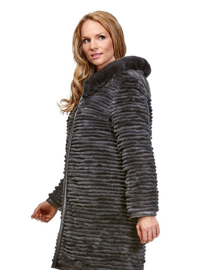 Talia Grey Reversible Rex Rabbit Jacket with Hood - The Fur Store