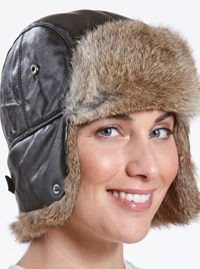 Nicholas Women's Leather Rabbit Aviator Hat - The Fur Store