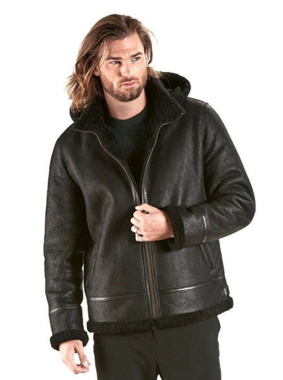Jeremy Black Aviator Shearling Jacket with Hood - The Fur Store