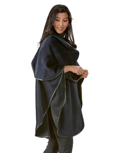 Roma Navy Alpaca with Leather Trim Cape - The Fur Store