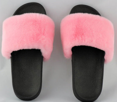 Charlize Pink Rex Rabbit Slide Sandals - The Fur Store
