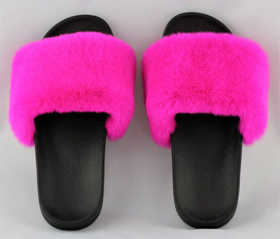 Charlize Hot Pink Rex Rabbit Slide Sandals - The Fur Store