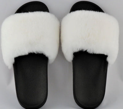 Charlize White Rex Rabbit Slide Sandals - The Fur Store