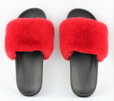 Charlize Red Rex Rabbit Slide Sandals - The Fur Store
