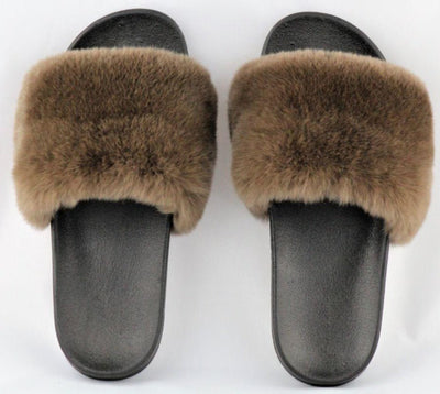Charlize Brown Rex Rabbit Slide Sandals - The Fur Store