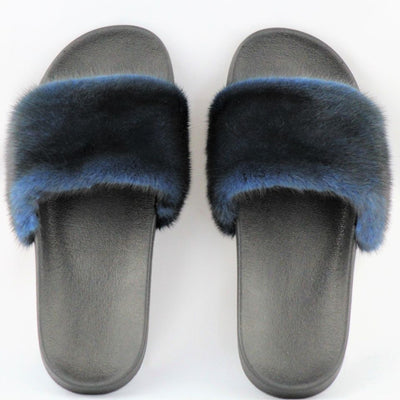 Dixie Blue Mink Fur Slide Sandals - The Fur Store