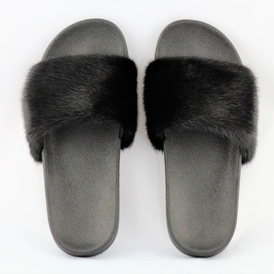 Dixie Black Mink Fur Slide Sandals - The Fur Store