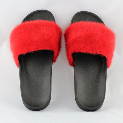 Dixie Red Mink Fur Slide Sandals - The Fur Store
