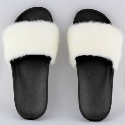 Dixie White Mink Fur Slide Sandals - The Fur Store