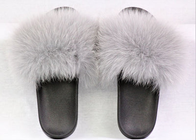 Haven Grey Fox Fur Slide Sandals - The Fur Store