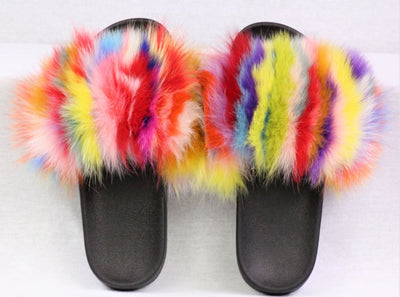 Haven Multi Color Fox Fur Slide Sandals - The Fur Store