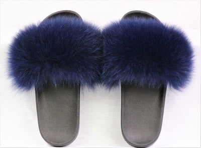 Haven Navy Blue Fox Fur Slide Sandals - The Fur Store