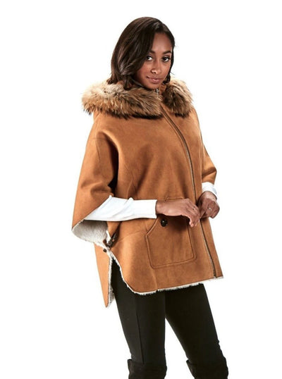 Eloise Cognac Shearling Poncho with Raccoon Hood - The Fur Store