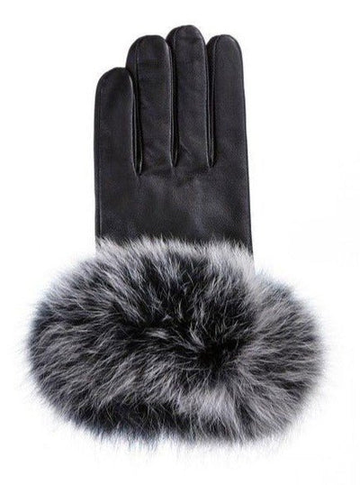 Women's Black Leather Gloves with Fox Trim - The Fur Store