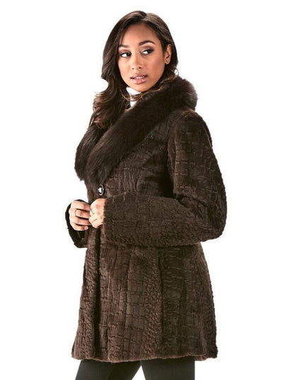 Trixie Brown Grooved Rex Rabbit Jacket with Brown Fox Collar - The Fur Store