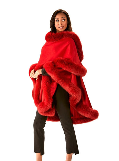 Grace Red 100% Cashmere with Red Fox Trim Cape - The Fur Store