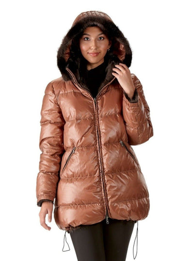 Evie Reversible Brown Mink Jacket with Hood - The Fur Store