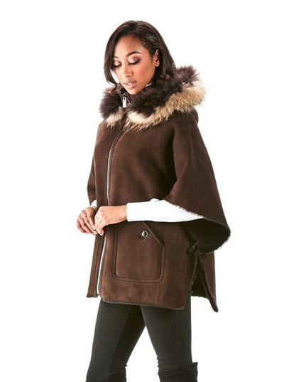 Eloise Brown Shearling Poncho with Raccoon Hood - The Fur Store