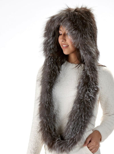 Delia Silver Fox Knitted Fur Hood and Infinity Scarf - The Fur Store